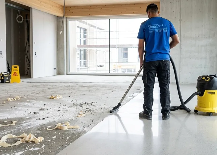 Symbolbild: Absaugen von Baustaub auf einer Baustelle — eine Hälfte des Bodens bereits gereinigt