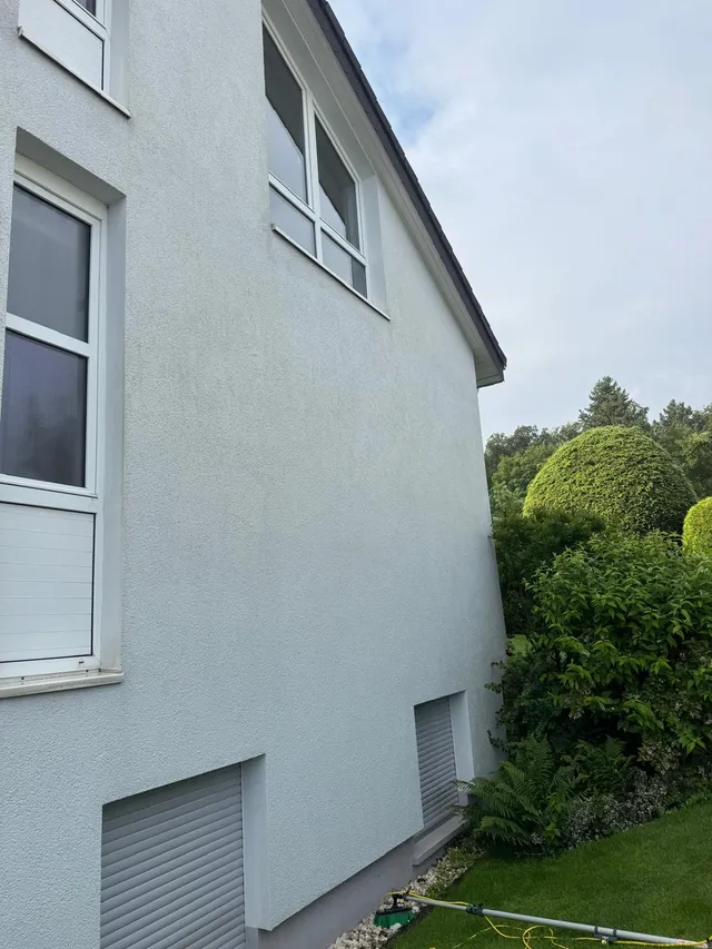 Hausfassade: Schlieren und Grünbelag entfernt — nachher