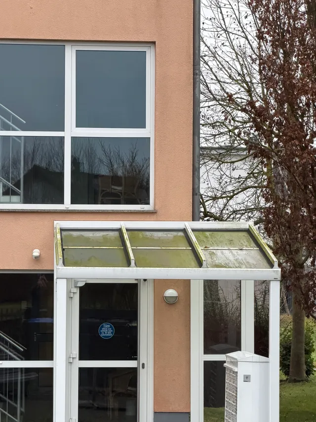Glasvordach von Grünbelag befreit — vorher