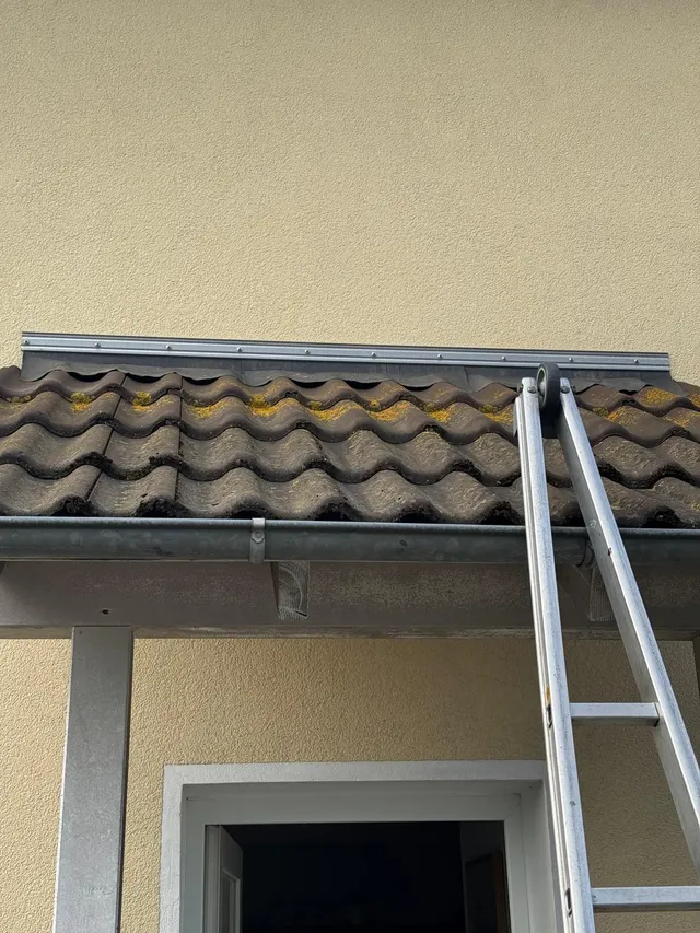 Vordach und Dachrinne gereinigt — vorher