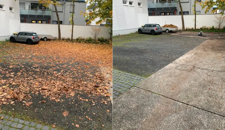 Parkplatz im Vergleich: links mit Herbstlaub bedeckt, rechts nach der Reinigung frei geräumt