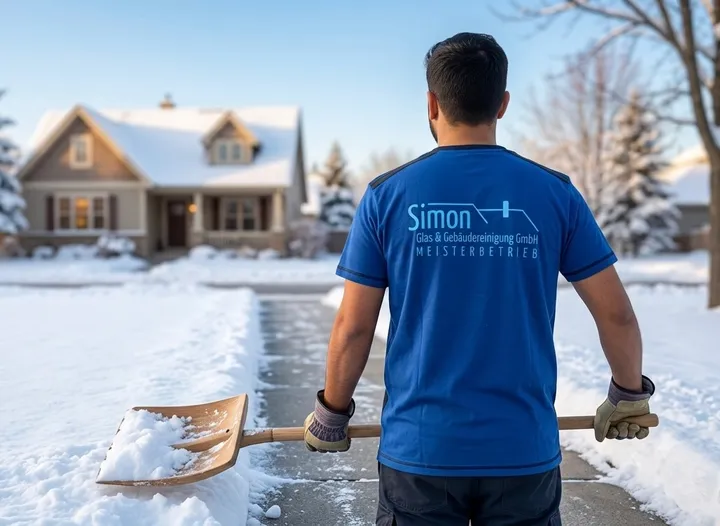 Symbolbild: Mitarbeiter mit Schneeschaufel räumt einen verschneiten Weg vor einem Wohnhaus